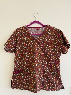 Dickies Brown Floral Short Sleeve Scrub Top with Pink Trim Scrubs